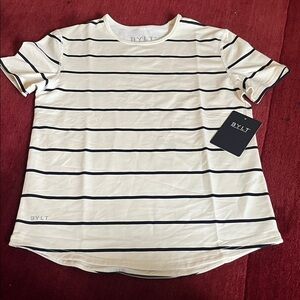 BYLT Basics T-Shirt Kid  Black Striped round Neck Short Sleeve Curved Drop Cut
